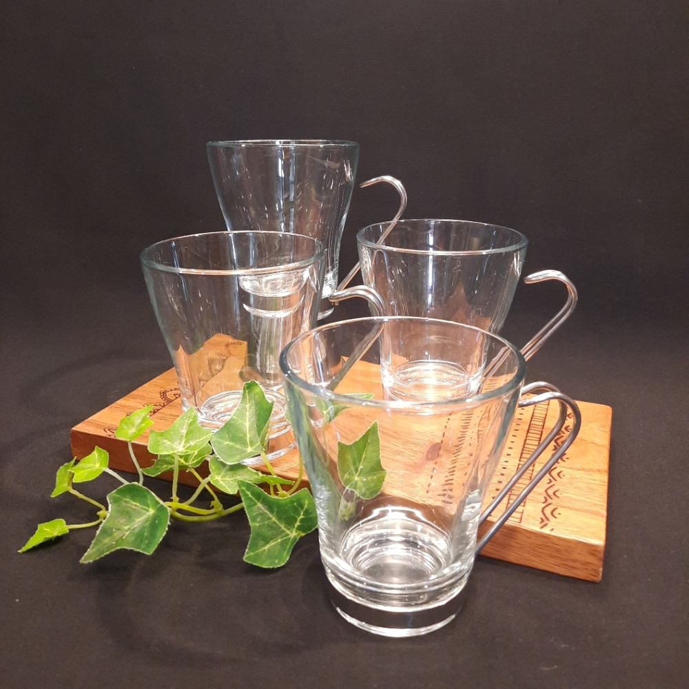 Bormioli Rocco Oslo Glass Cappuccino Cups with Metal Handles ~ Set of 4